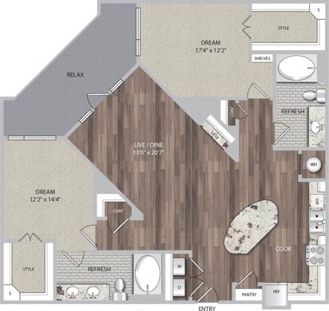 Floor plan for 2 beds, 2 baths, 1312 sqft